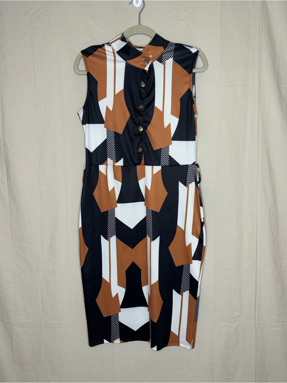 Sleeveless Geometric Midi Dress in Brown, Black & White